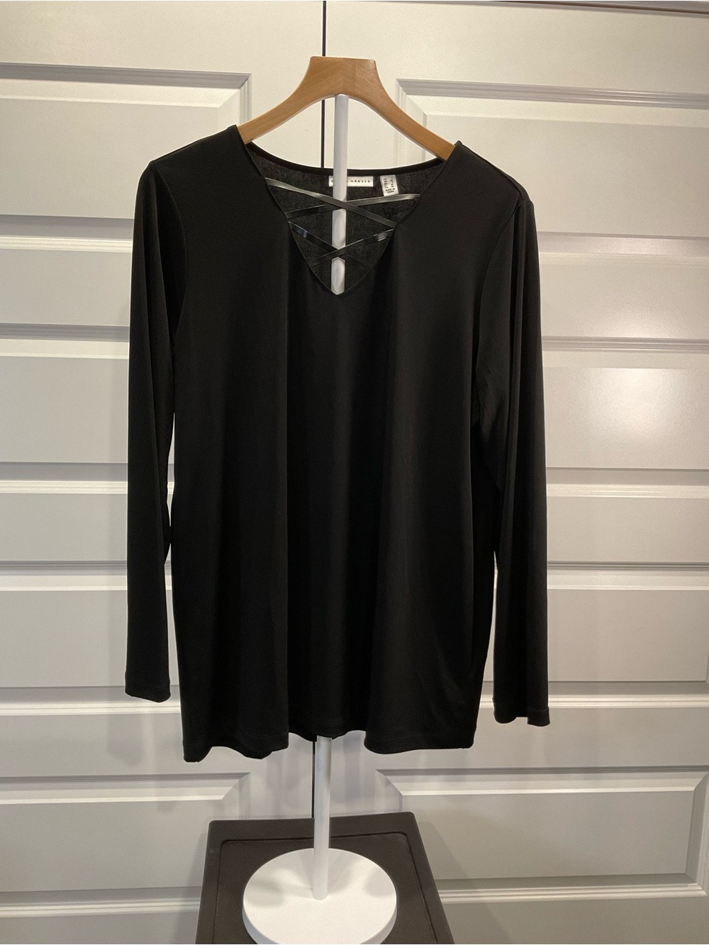 Susan Graver Black Long Sleeve V-Neck Top with Crisscross Detail